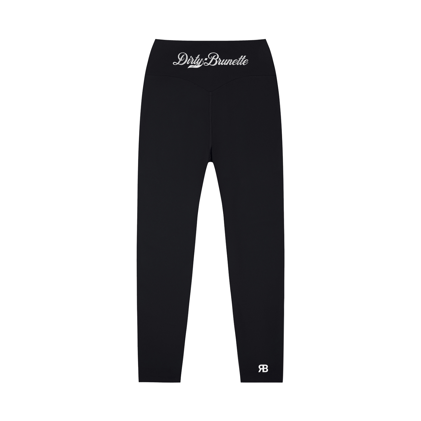 black high-waisted leggings with Dirty Brunette Milkstore script logo on the back waistband and RB logo at the lower leg.
