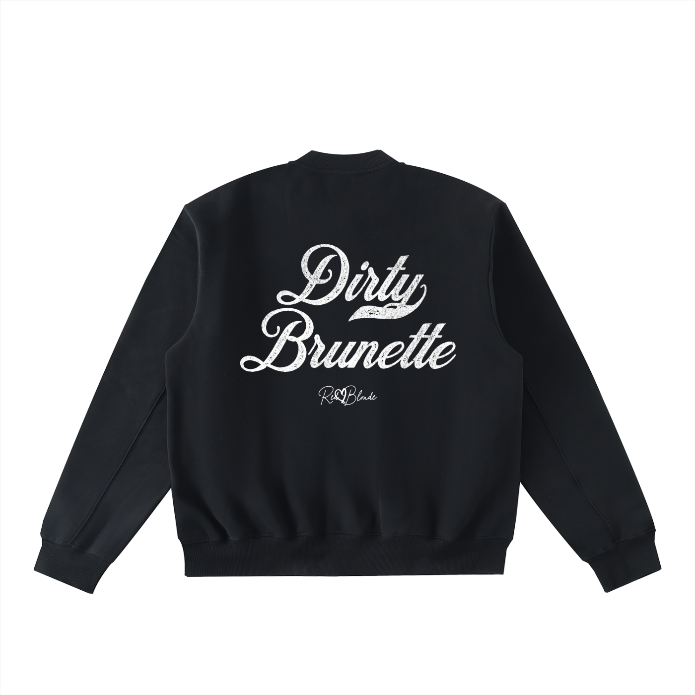 The back of a black crewneck zip up varsity jacket  laid flat on a white background. It has ribbed cuffs, collar, and hem. Large white Milkstore 01 script text across the back reads “Dirty Brunette,” with a small cursive RedBlonde logo beneath.