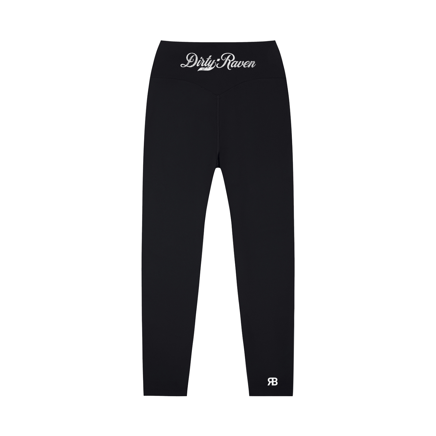 Black high-waisted leggings with Dirty Raven Milkstore script logo on the back waistband and RB logo at the lower leg.