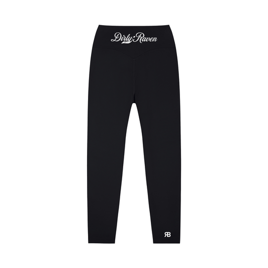 Black high-waisted leggings with Dirty Raven Milkstore script logo on the back waistband and RB logo at the lower leg.