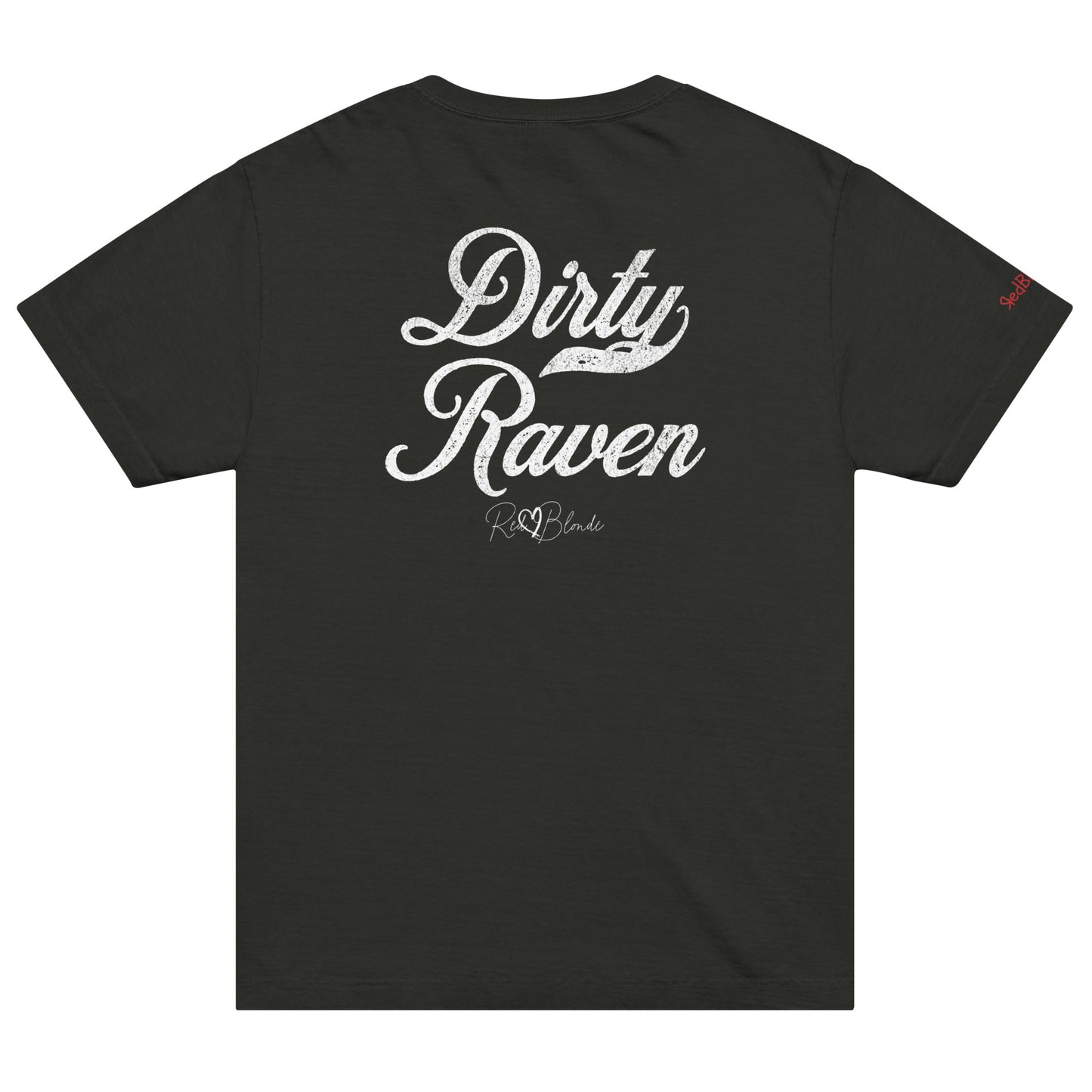 Back view of a black vintage wash oversized unisex T-shirt with bold white Milkstore 01 vintage-style script reading “Dirty Raven” and the RedBlonde signature logo beneath, plus a small RedBlonde logo detail on the right sleeve. 