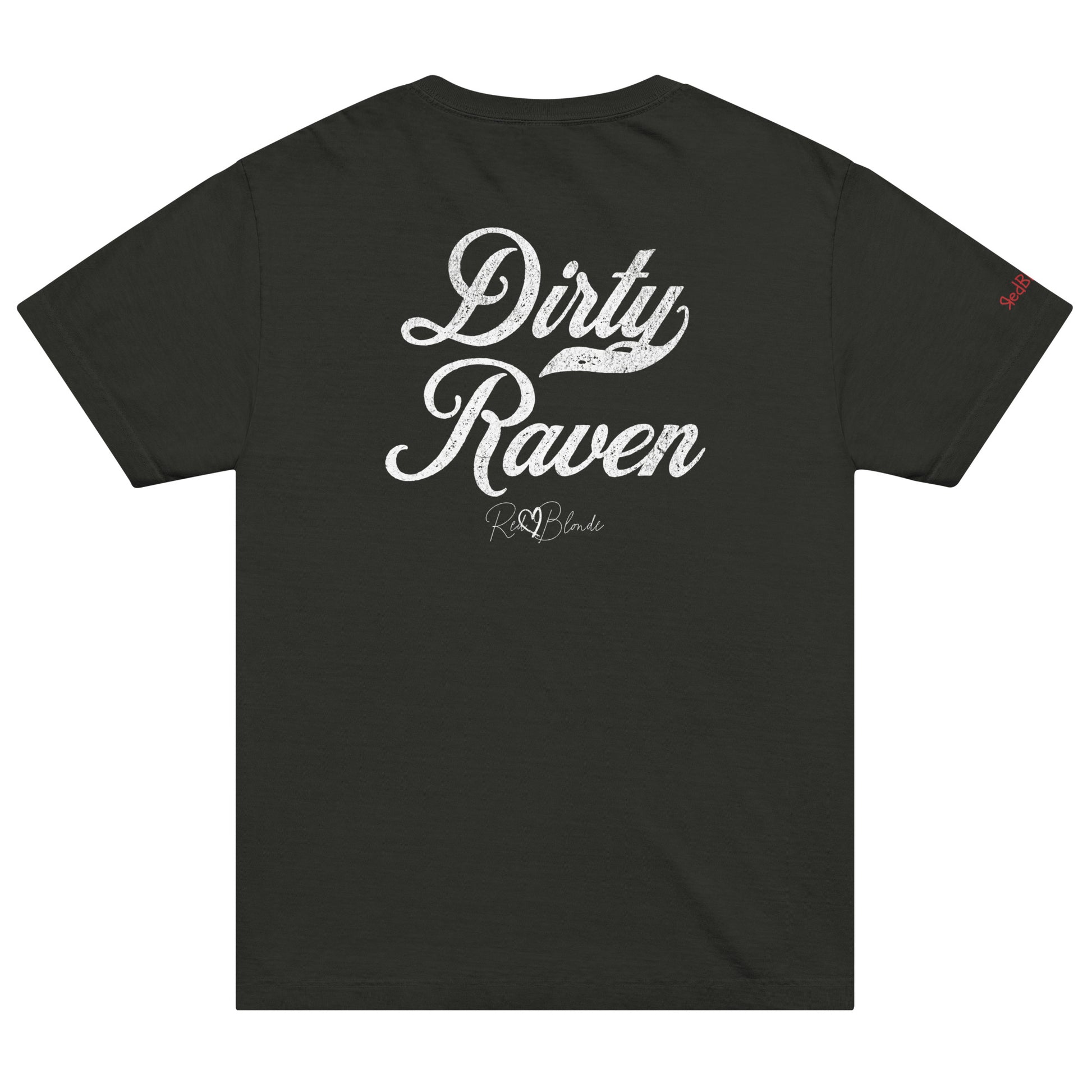 Back view of a black vintage wash oversized unisex T-shirt with bold white Milkstore 01 vintage-style script reading “Dirty Raven” and the RedBlonde signature logo beneath, plus a small RedBlonde logo detail on the right sleeve. 