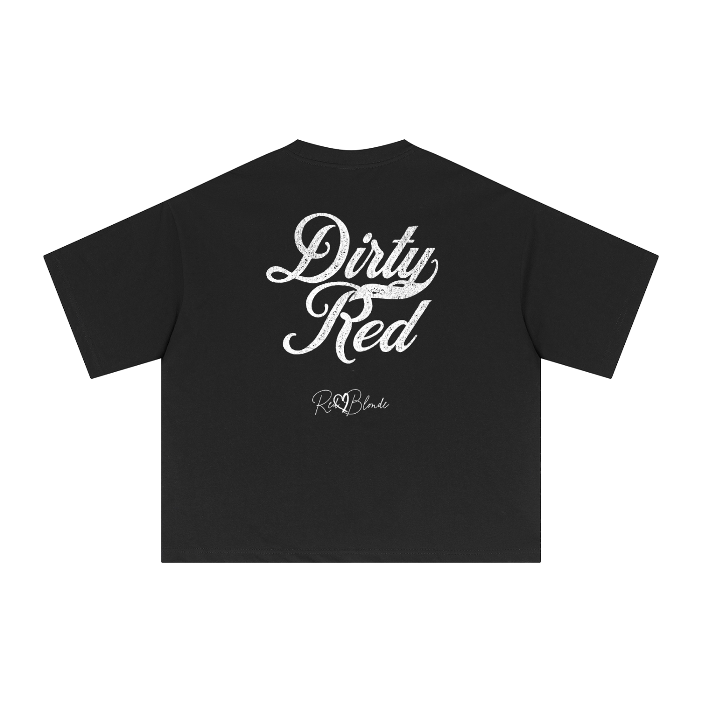 The back of a black oversized boxy short-sleeve T-shirt laid flat on a white background. Large distressed white Milkstore 01 script text reads “Dirty Red,” with a small cursive “RedBlonde” logo beneath the main graphic.