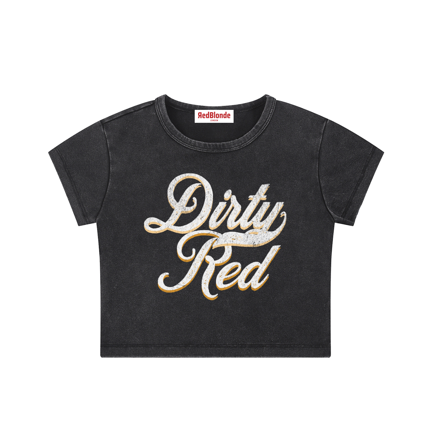 black short-sleeve crop T-shirt with large cursive “Dirty Red” Milkstore text in white and yellow on the front, and a small “RedBlonde London” label at the neckline.
