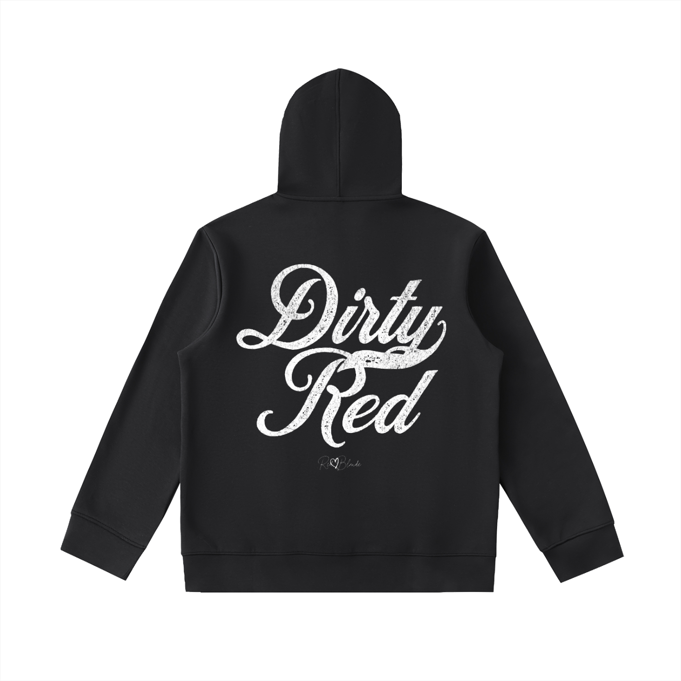 Back view of a black coloured hoodie with bold white Milkstore vintage-style script text “Dirty Red” across the back and a subtle RedBlonde signature logo underneath.