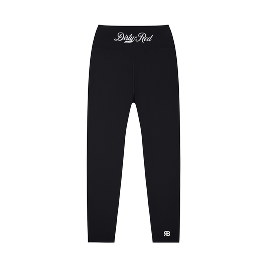 Black high-waisted leggings with Dirty Red Milkstore script logo on the back waistband and RB logo at the lower leg.
