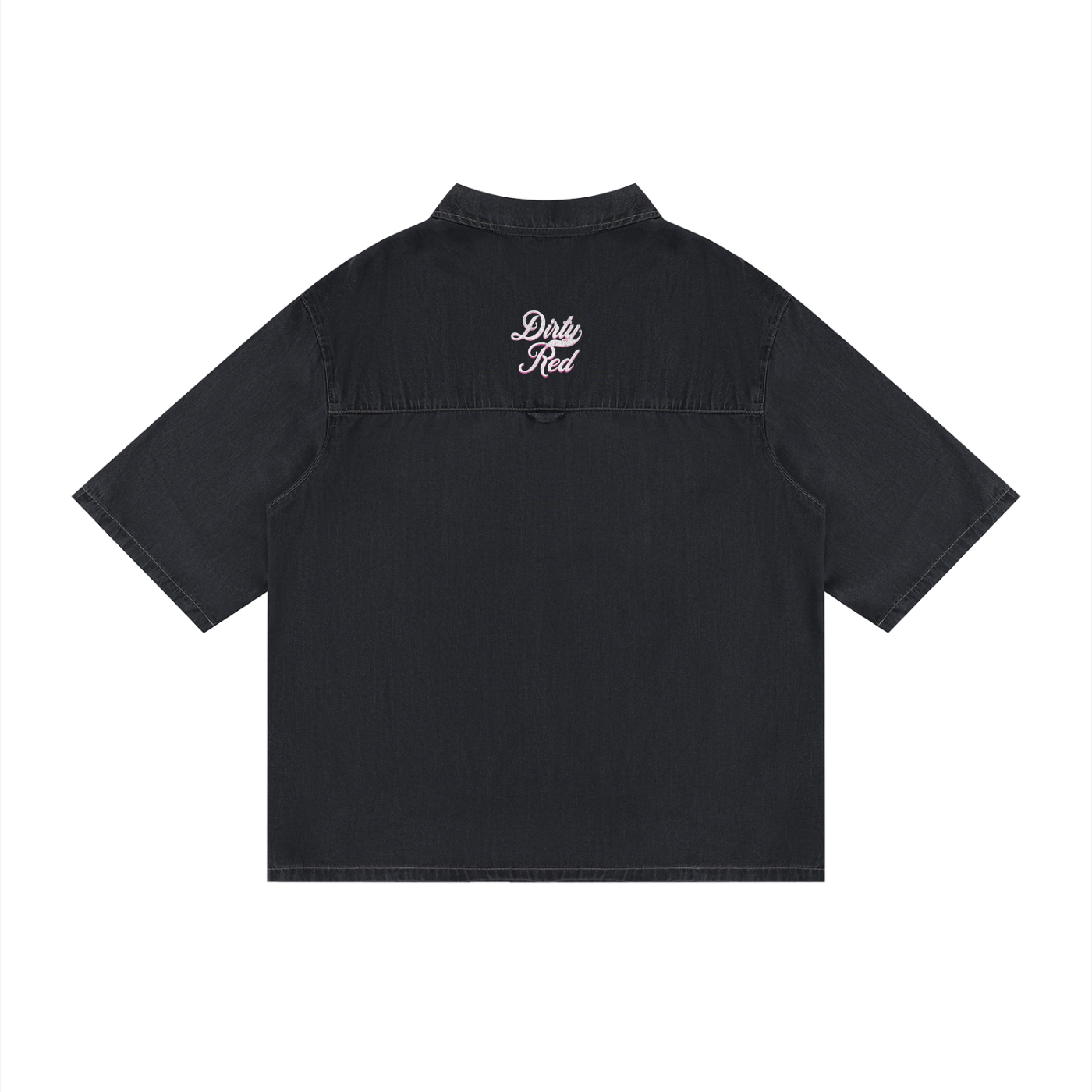 back view of a black, short-sleeve button-up shirt with a subtle faded finish and a small raised “Dirty Red” Milkstore script logo centered across the upper back.