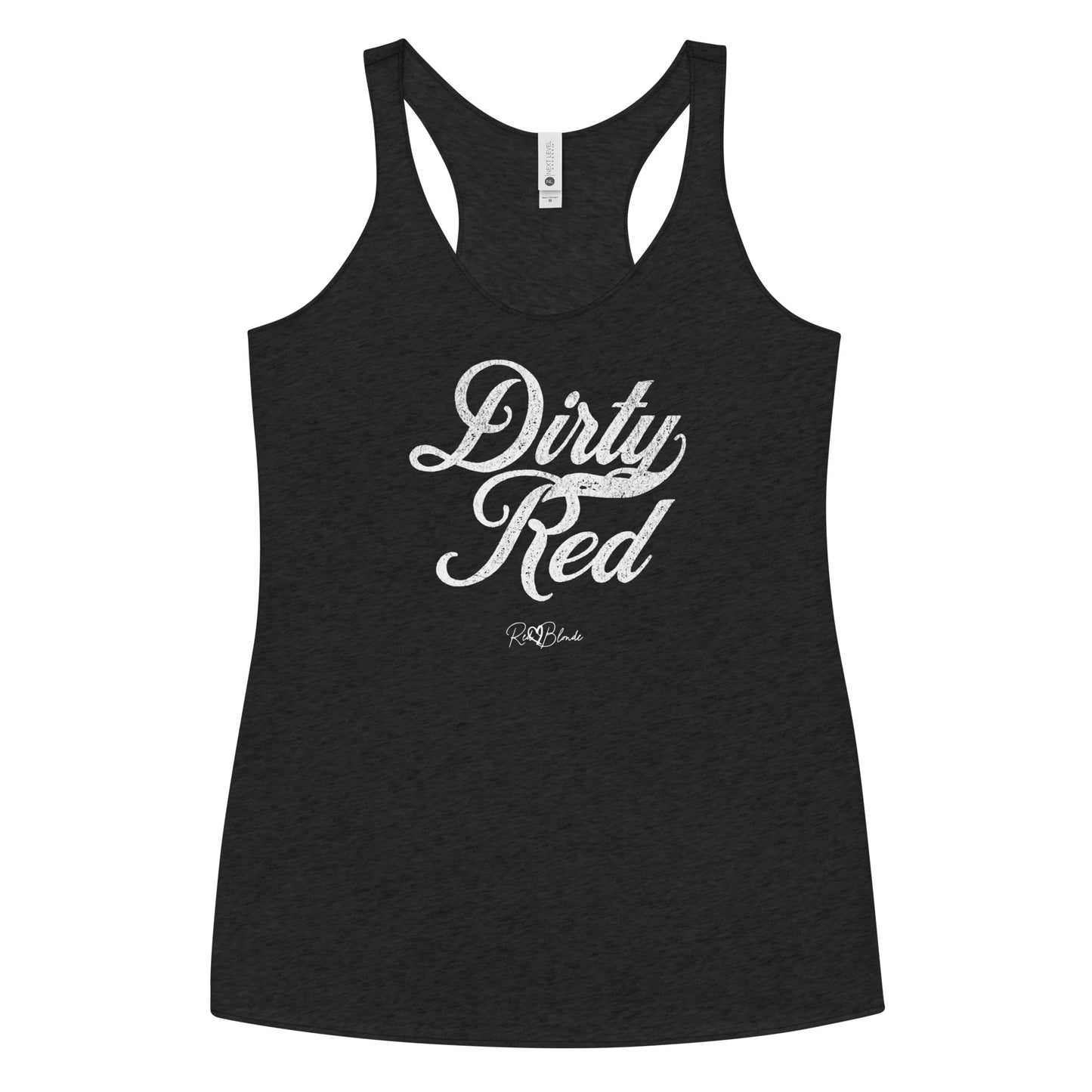 a black women's racerback tank with the playful slogan ‘Dirty Red' in white milk-store font, signed off RedBlonde.
