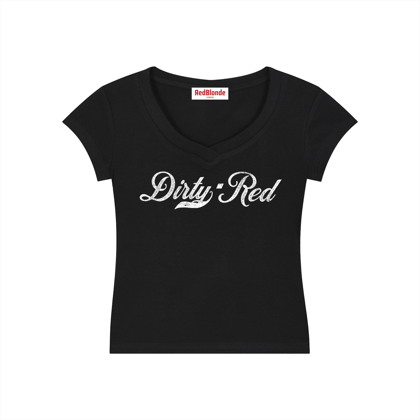 A fitted black V-neck T-shirt laid flat on a white background. It has short sleeves and a white Milkstore 01 script graphic across the chest reading “Dirty-Blonde.” A small RedBlonde label is visible at the inside back neck.