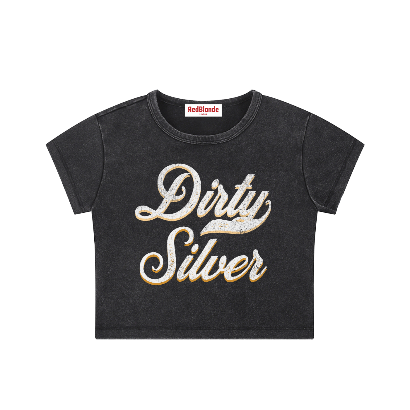 black short-sleeve crop T-shirt with large cursive “Dirty Silver” Milkstore text in white and yellow on the front, and a small “RedBlonde London” label at the neckline.