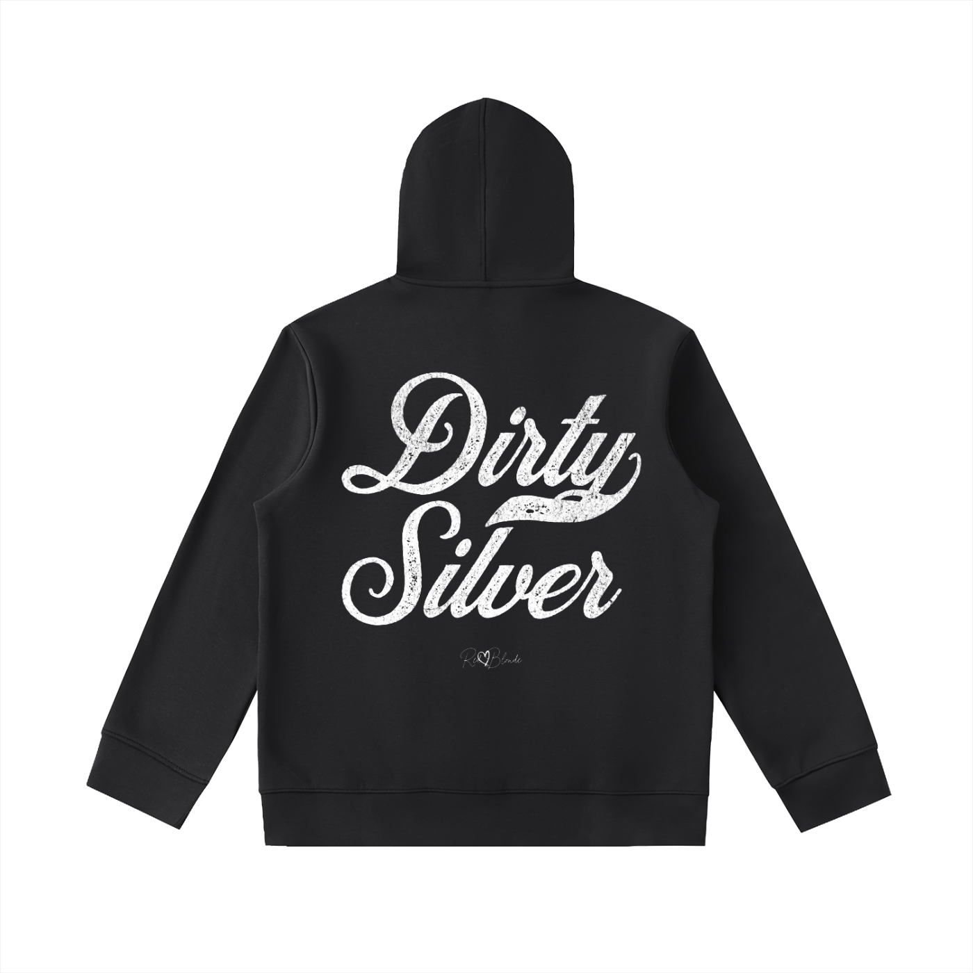 Back view of a black hoodie with bold black Milkstore vintage-style script text “Dirty Silver” across the back and a subtle RedBlonde signature logo underneath