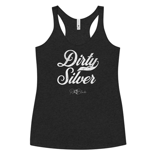 black women's racerback tank with the playful slogan ‘Dirty Silver’ in white milk-store font, signed off RedBlonde. Branded RedBlonde London in red on the reverse