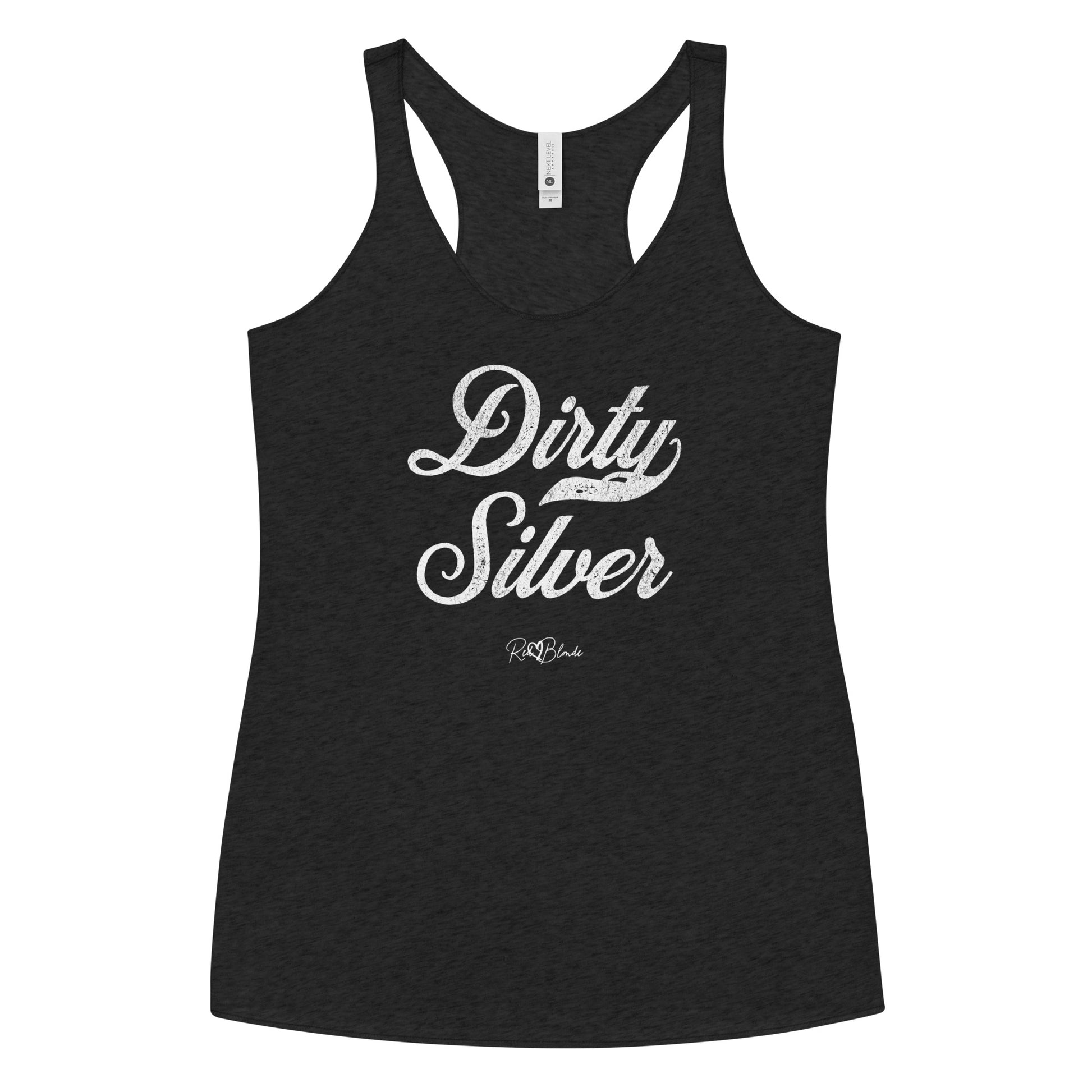a black women's racerback tank with the playful slogan ‘Dirty Silver’ in white milk-store font, signed off RedBlonde.