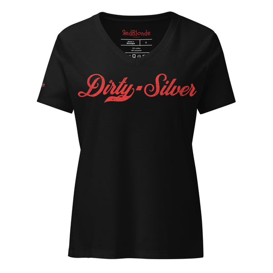 Flatlay of a black relaxed fit V-neck t-shirt with “Dirty Silver” written in vintage Coca-Cola red script on the front. branded redblonde on the inside neck and right shoulder in red 