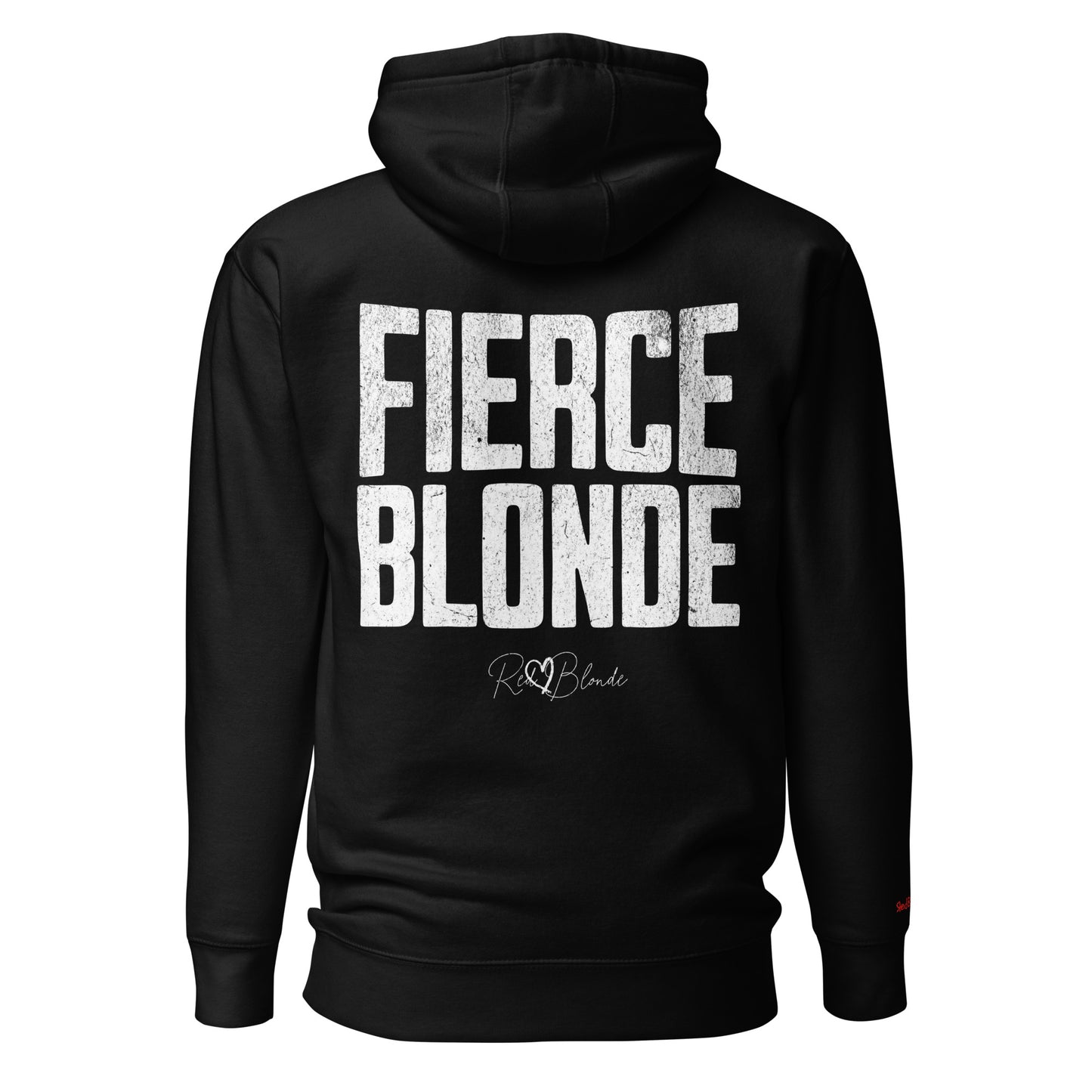 Back view of a black hoodie featuring bold distressed North Road white text reading “Fierce Blonde” with the RedBlonde signature logo beneath. The design has a confident, statement-making style.It is branded RedBlonde on the inside neck and right sleeve