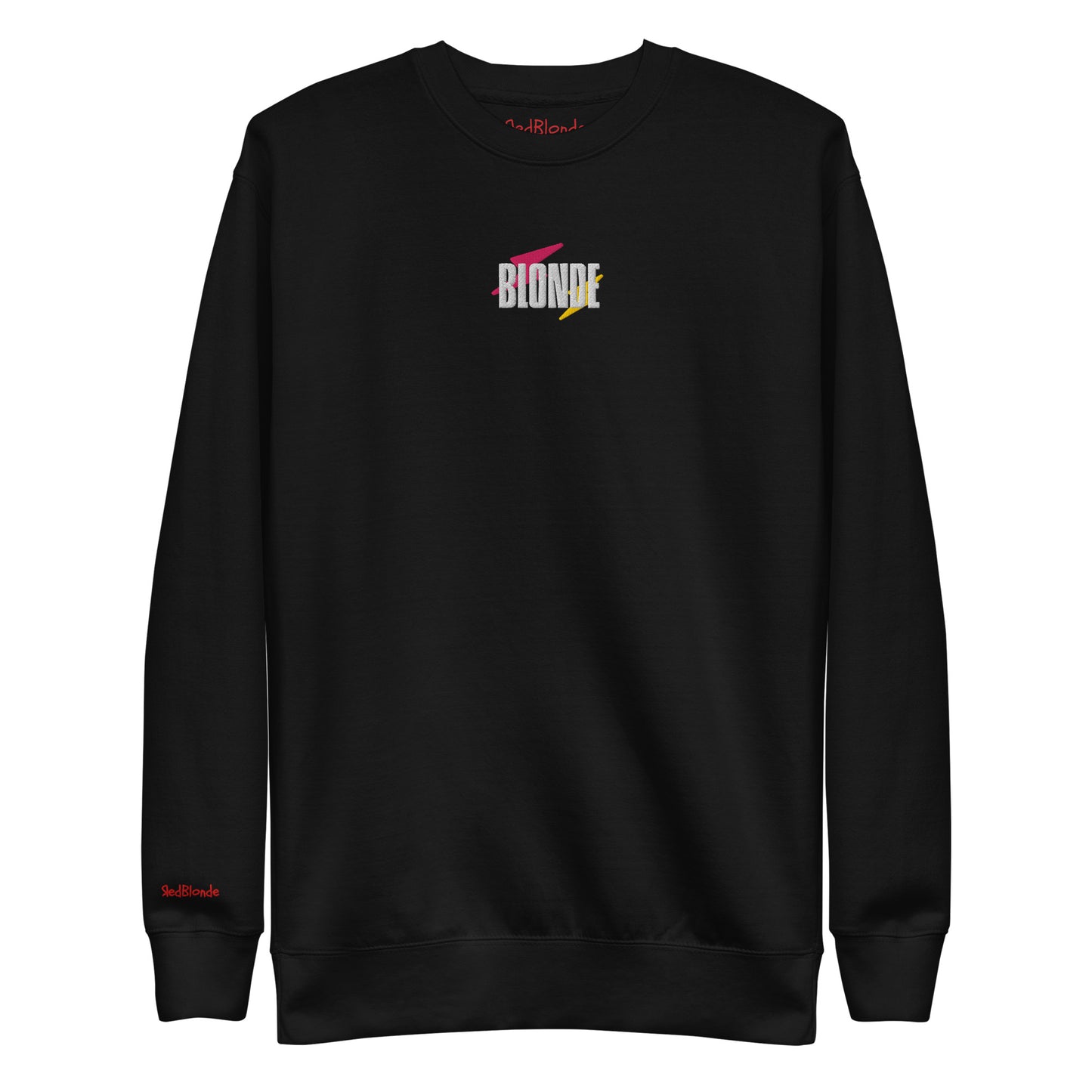 Front view of a Black unisex sweatshirt with bold white embroidered Krisha text “BLONDE" accented by a pink and yellow lightning bolt through “BLONDE” . Branded RedBlonde on inside neck and right sleeve