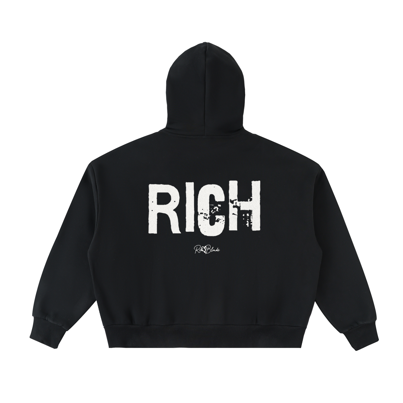 Black oversized hoodie with a large white distressed “RICH” in Ed Gein graphic across the back and a small RedBlonde logo underneath.