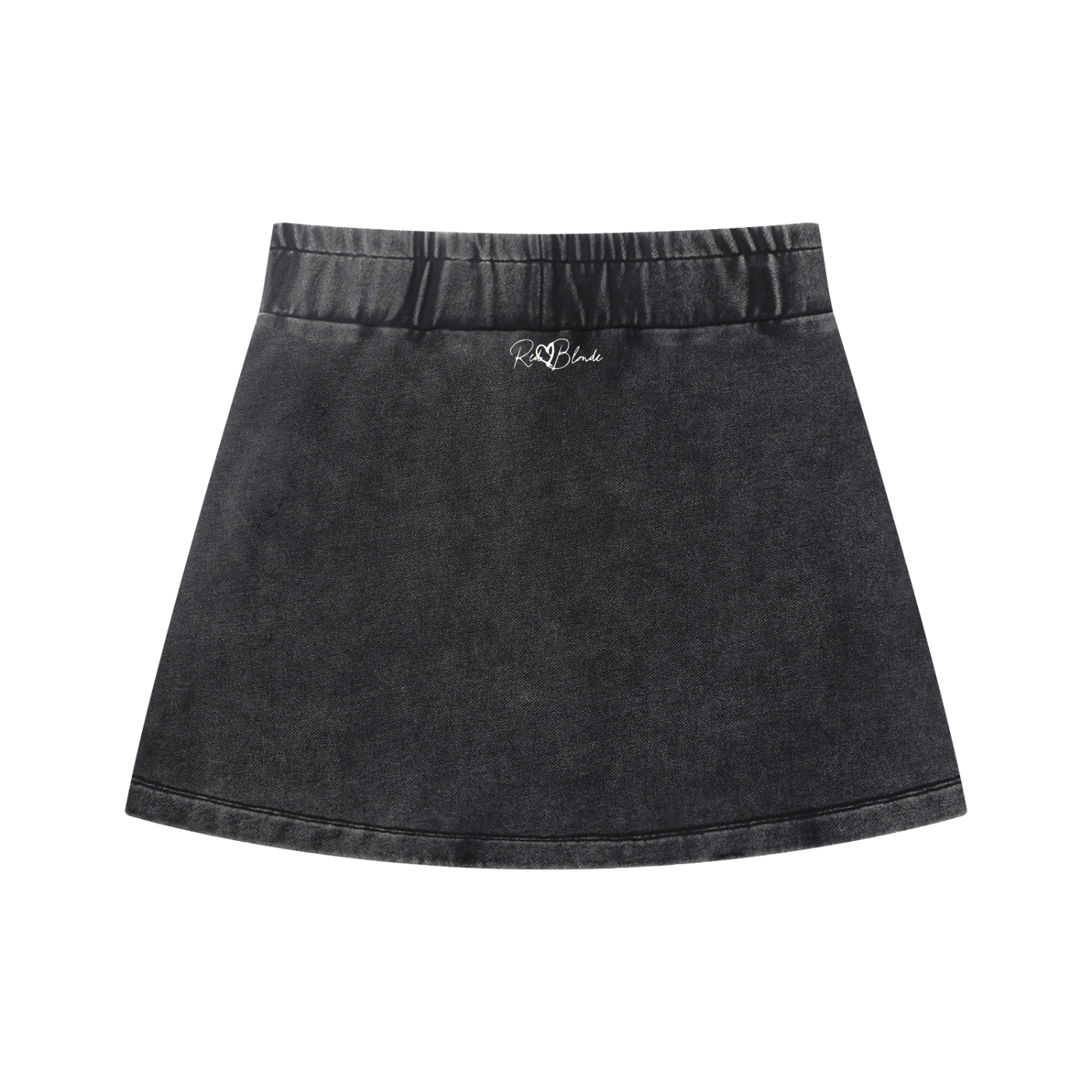 Back view of a cream mineral-wash mini skirt with a mid-rise elastic waistband, subtle A-line/H-line shape, and side slash pockets. Featuring the RedBlonde signature logo