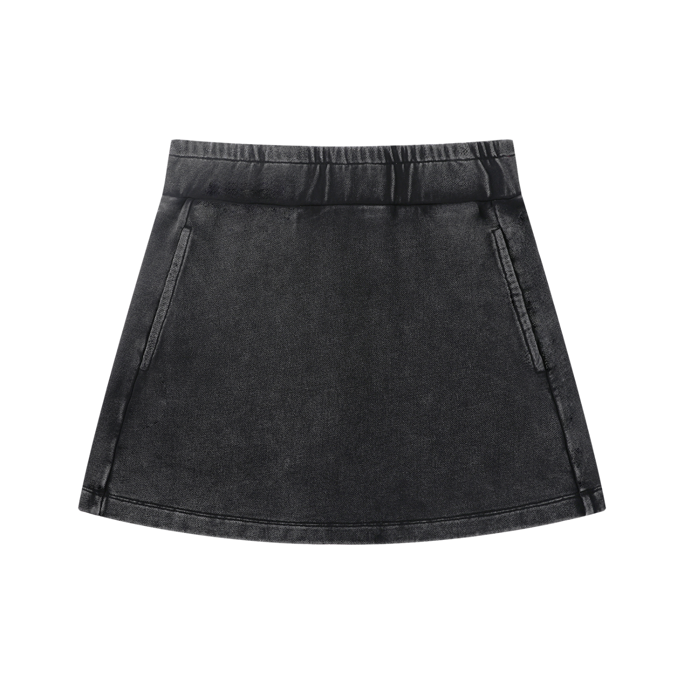 Front view of a black mineral-wash mini skirt with a mid-rise elastic waistband, subtle A-line/H-line shape, and side slash pockets.