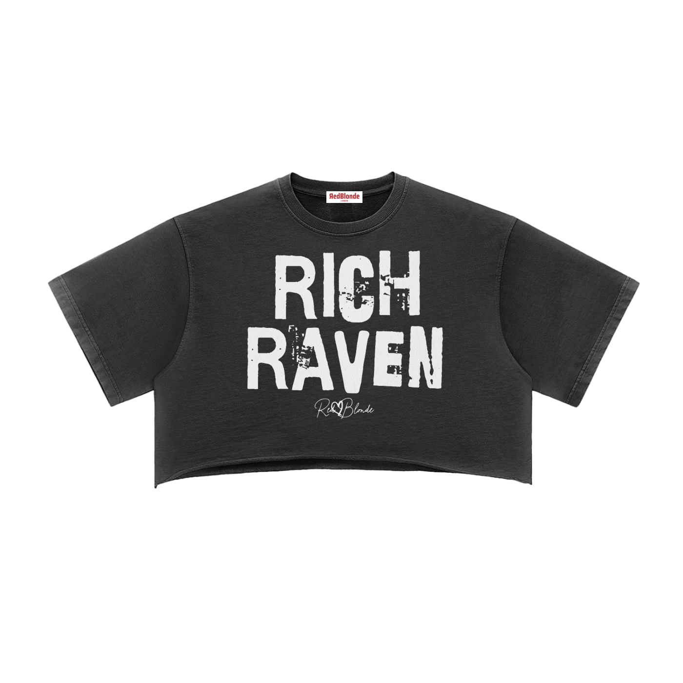 black cropped T-shirt with oversized short sleeves and a mint green “RICH RAVEN” in Ed Gein font graphic on the front, plus a small RedBlonde script logo underneath.