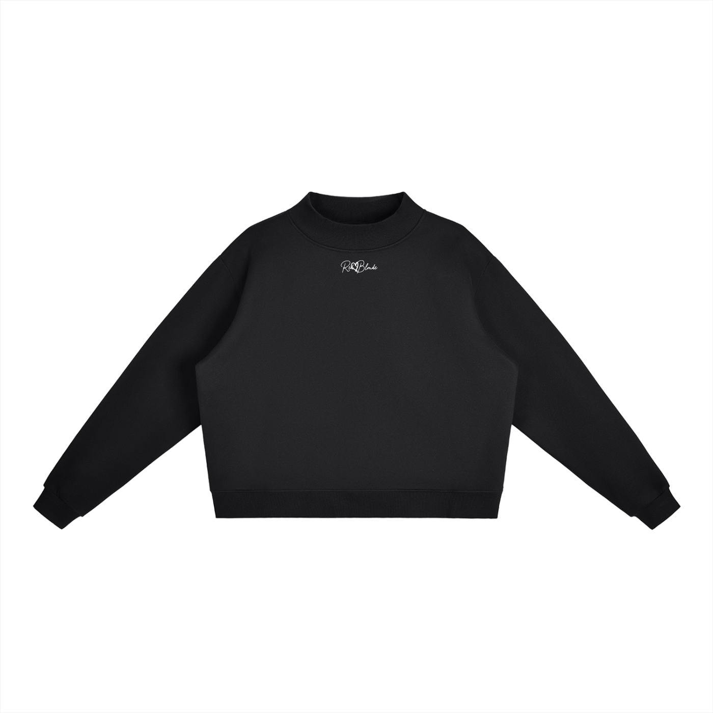 black oversized mock-neck sweatshirt with long sleeves, ribbed cuffs and hem, and a small RedBlonde logo printed at the centre chest.