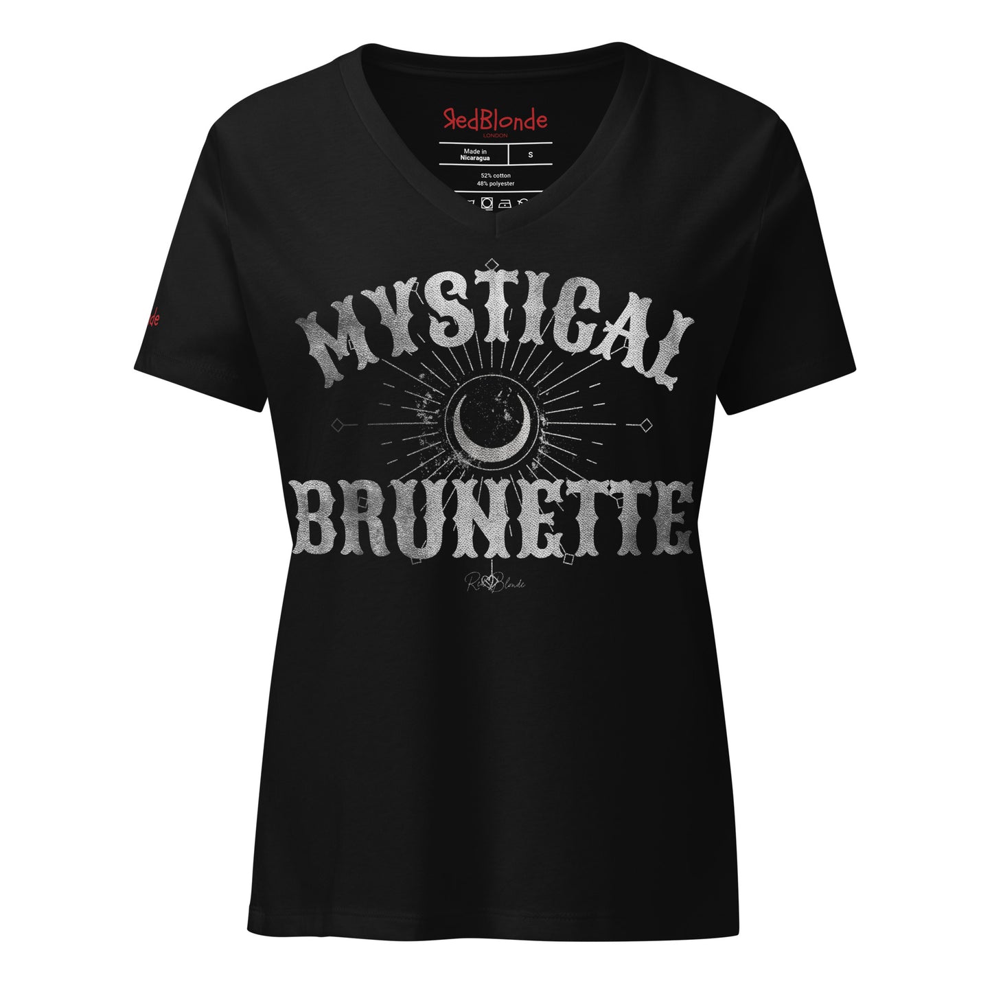 Women’s black v-neck t-shirt with bold Sancreek vintage-style black lettering that reads ‘Mystical Brunette’ with a crescent moon and radiant sunburst graphic. Branded RedBlonde in red on inside neck and right sleeve
