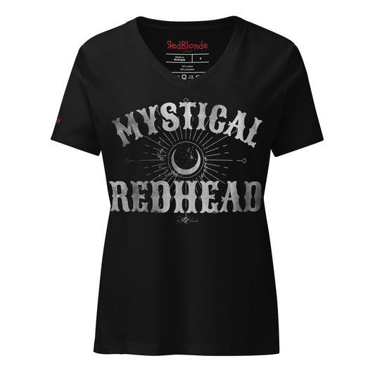 Women’s black v-neck t-shirt with bold Sancreek vintage-style black lettering that reads ‘Mystical Redhead’ with a crescent moon and radiant sunburst graphic. Branded RedBlonde in red on inside neck and right sleeve