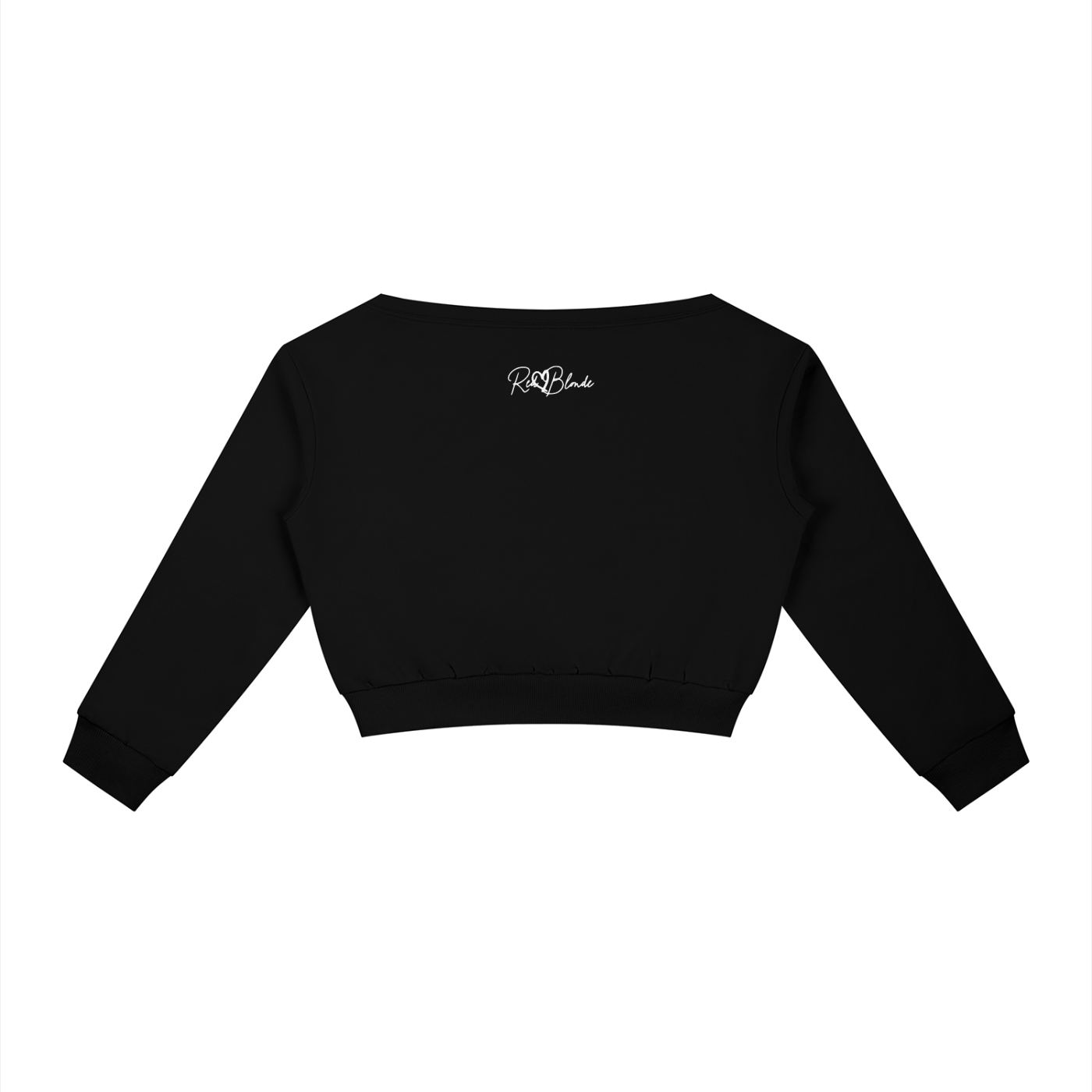 black off-the-shoulder cropped sweatshirt with long sleeves, ribbed cuffs and hem, and a small black RedBlonde logo printed at the upper back.