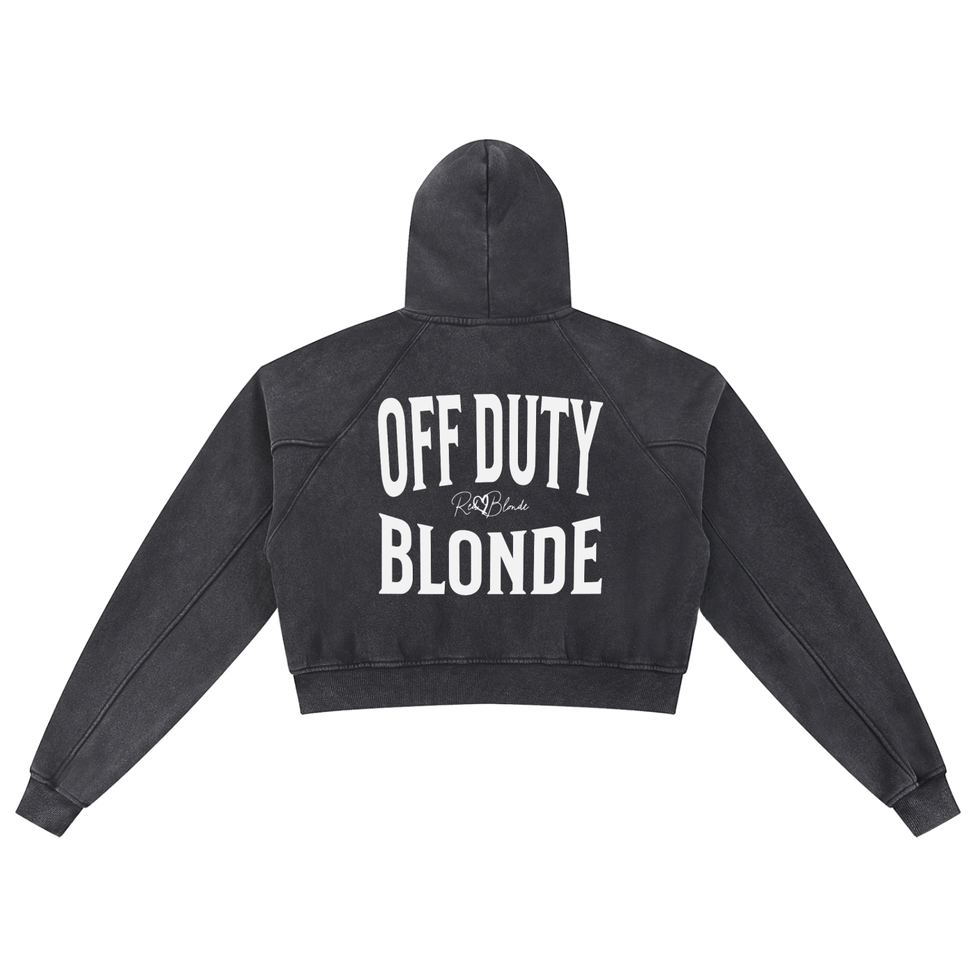 “Back view of a black cropped hoodie with a hood and long sleeves, featuring large white ‘OFF DUTY BLONDE’ text and a small RedBlonde logo on the back.”