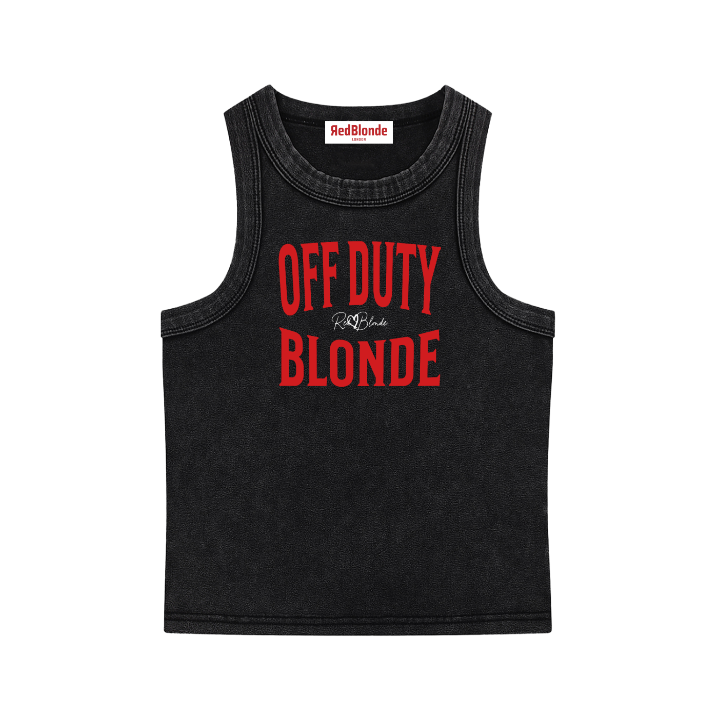 A black sleeveless vintag acid wash tank top laid flat on a white background, with red text on the chest reading “OFF DUTY BLONDE” in bold Brookfield lettering, and a small cursive RedBlonde signature logo between the words. 