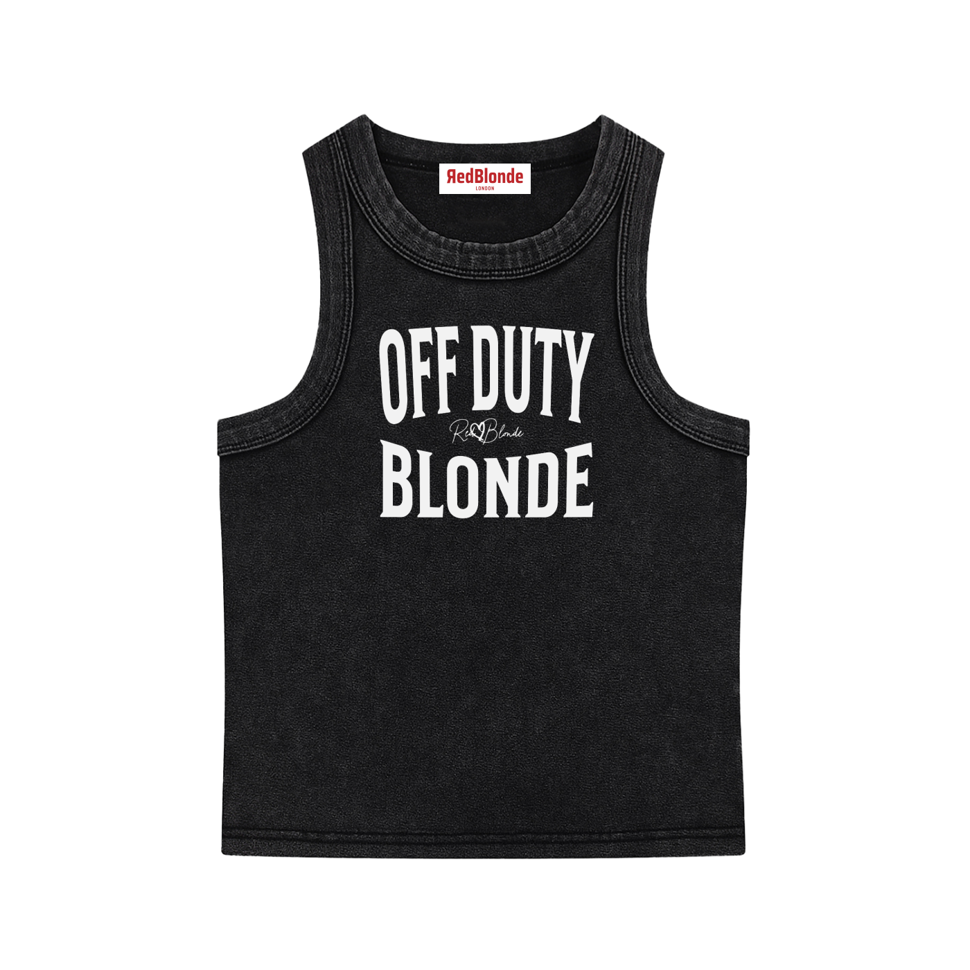 A black sleeveless vintag acid wash tank top laid flat on a white background, with black text on the chest reading “OFF DUTY BLONDE” in bold Brookfield lettering, and a small cursive RedBlonde signature logo between the words. 