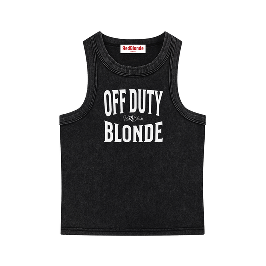 A black sleeveless vintag acid wash tank top laid flat on a white background, with black text on the chest reading “OFF DUTY BLONDE” in bold Brookfield lettering, and a small cursive RedBlonde signature logo between the words. 
