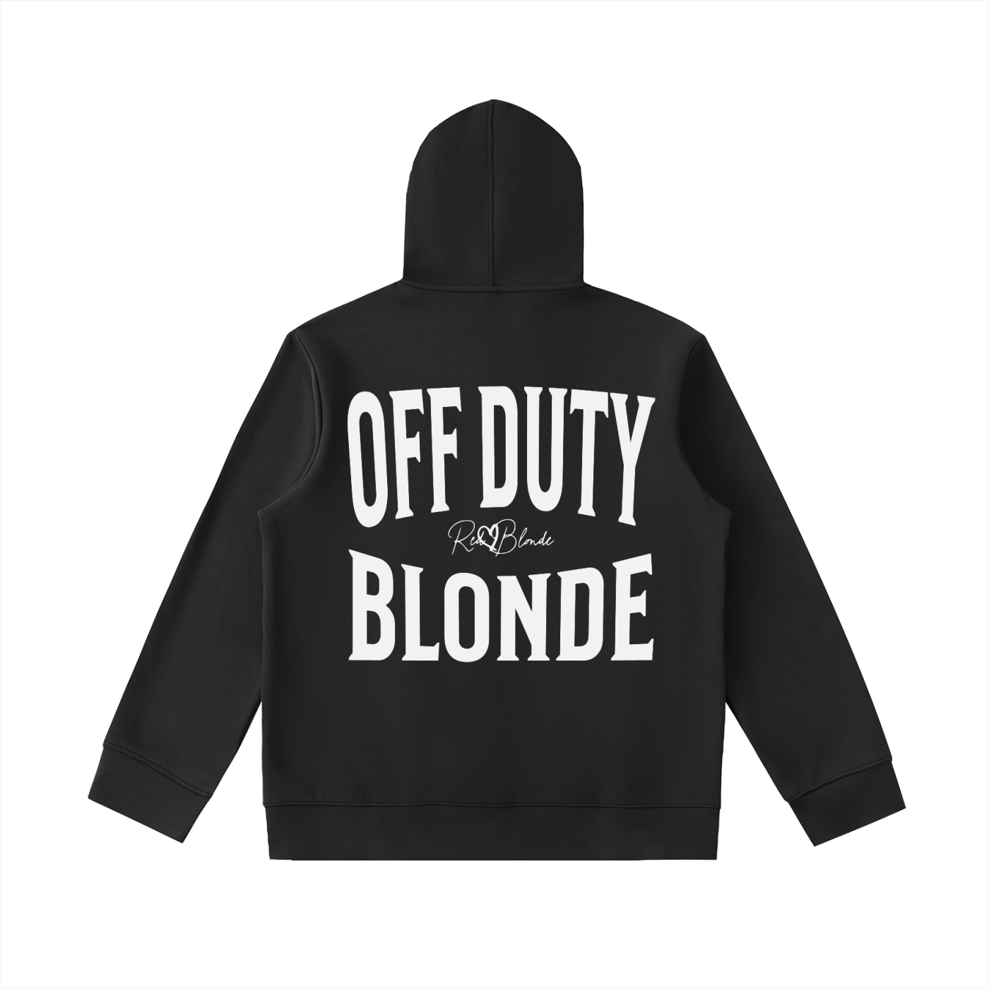 Black oversized hoodie shown from the back on a white background, featuring large white “OFF DUTY BLONDE” Brookfield text with a small RedBlonde script logo between the words.