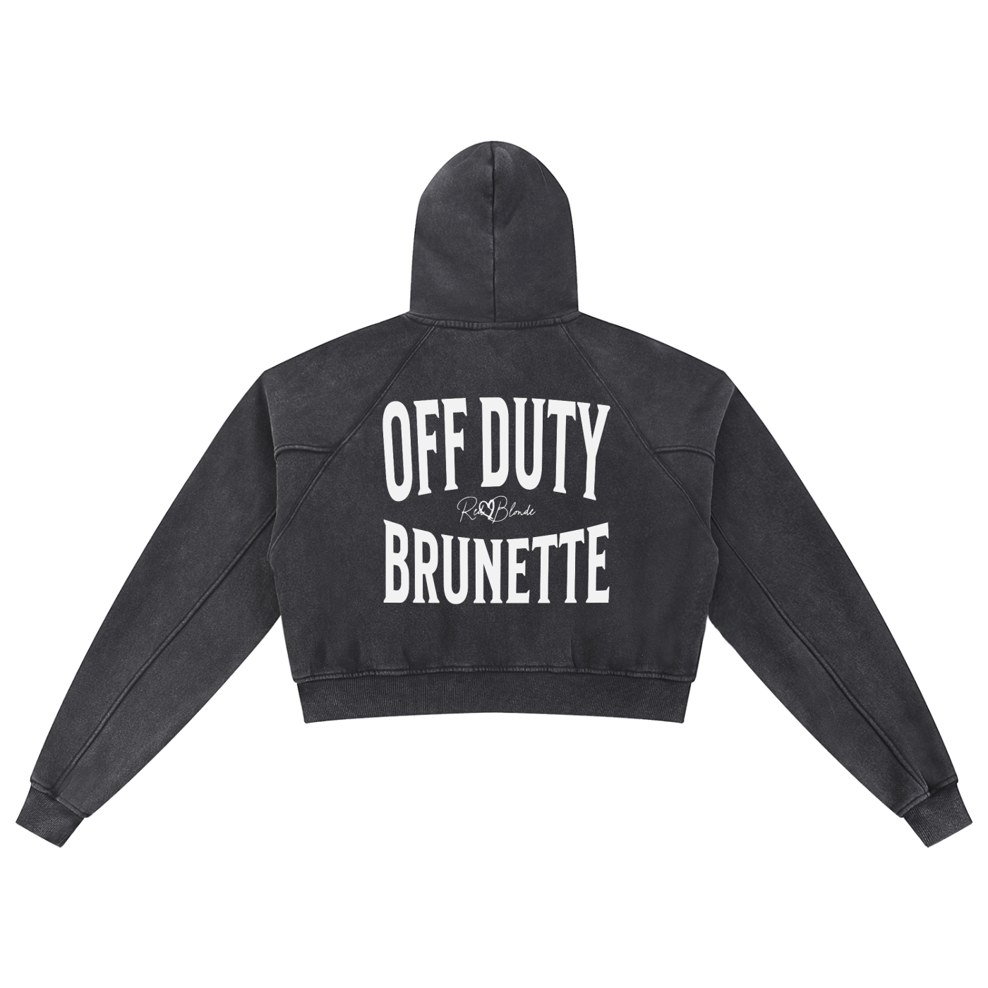 “Back view of a black cropped hoodie with a hood and long sleeves, featuring large white ‘OFF DUTY BRUNETTE' text and a small RedBlonde logo on the back.”