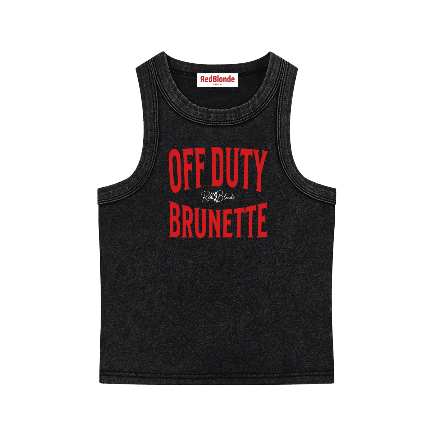 A black sleeveless vintage acid wash tank top laid flat on a white background, with red text on the chest reading “OFF DUTY BRUNETTE” in bold Brookfield lettering, and a small cursive RedBlonde signature logo between the words. 