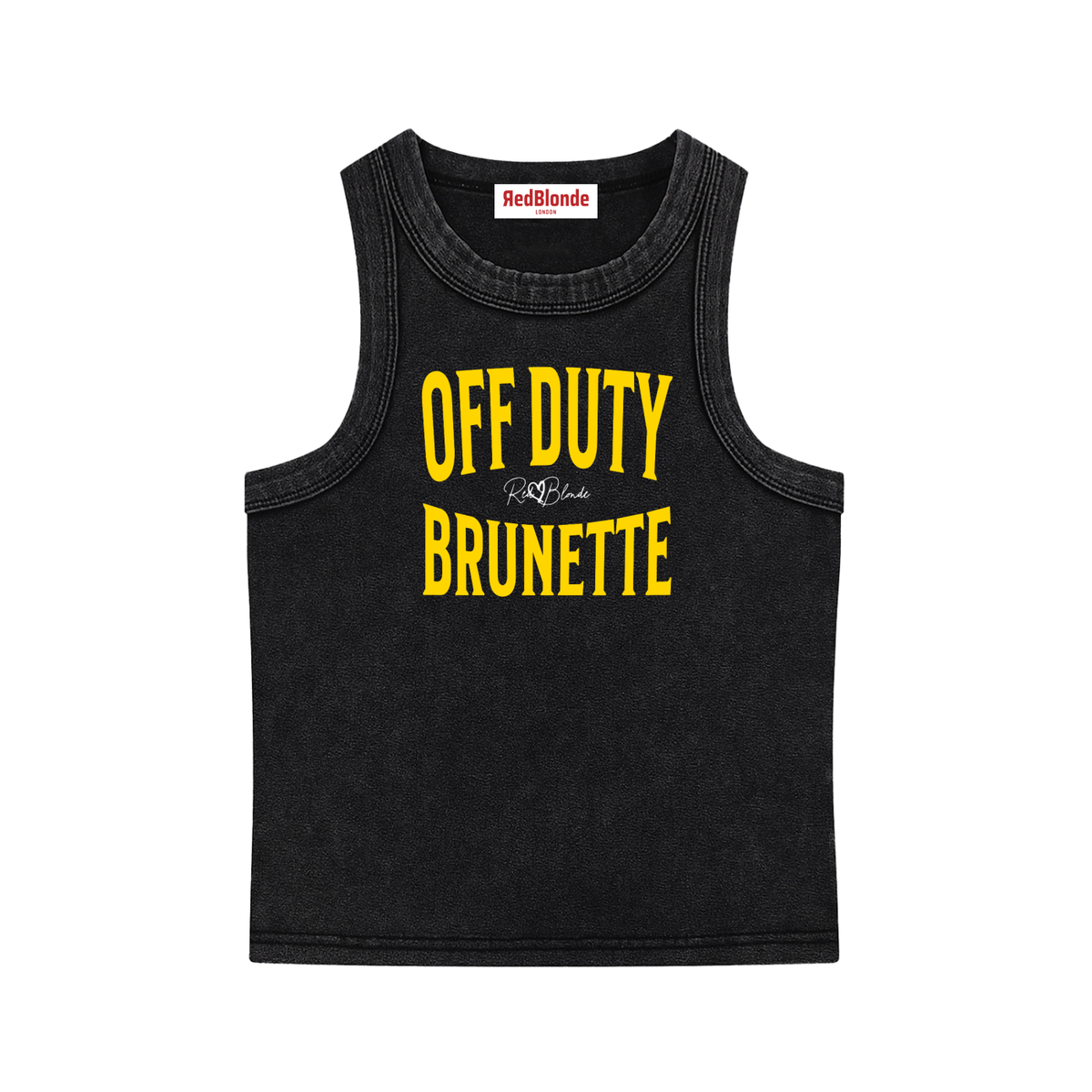A black sleeveless vintage acid wash tank top laid flat on a white background, with yellow text on the chest reading “OFF DUTY BRUNETTE” in bold Brookfield lettering, and a small cursive RedBlonde signature logo between the words. 