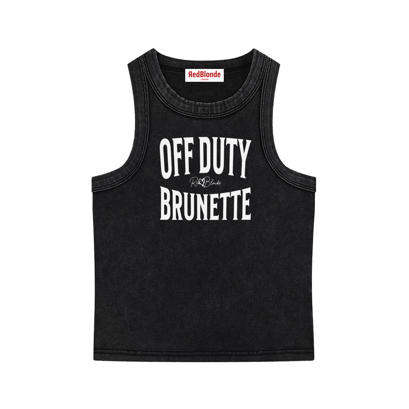 A black sleeveless vintage acid wash tank top laid flat on a white background, with black text on the chest reading “OFF DUTY BRUNETTE” in bold Brookfield lettering, and a small cursive RedBlonde signature logo between the words. 
