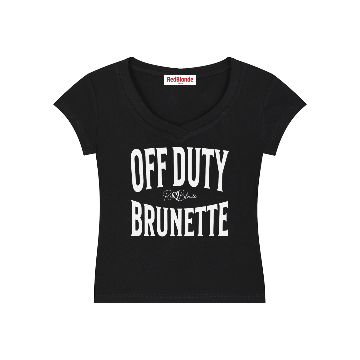 black fitted V-neck T-shirt with black ‘OFF DUTY BRUNETTE’ Brookfield text front print, RedBlonde logo detail, and RedBlonde neck label