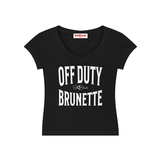 black fitted V-neck T-shirt with black ‘OFF DUTY BRUNETTE’ Brookfield text front print, RedBlonde logo detail, and RedBlonde neck label