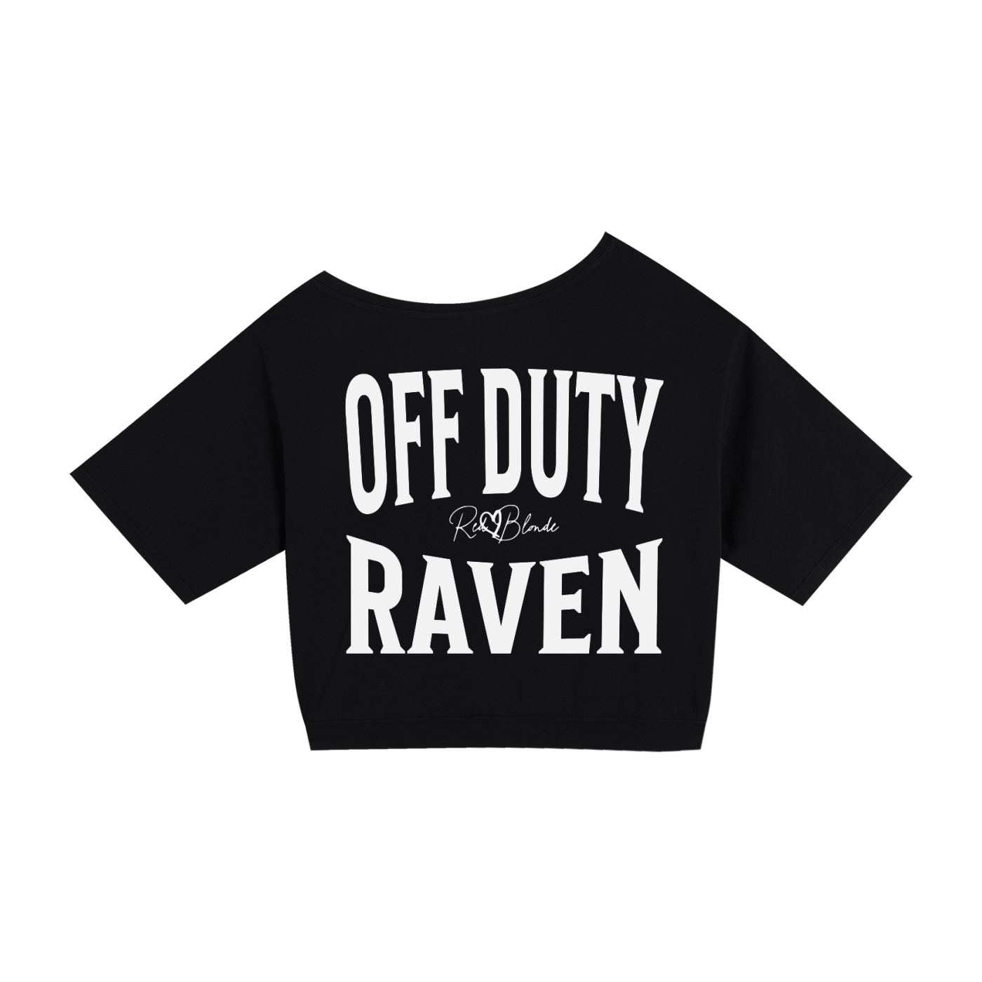 black asymmetrical boxy T-shirt with white ‘OFF DUTY RAVEN  brookfield text back print and RedBlonde signature logo.”