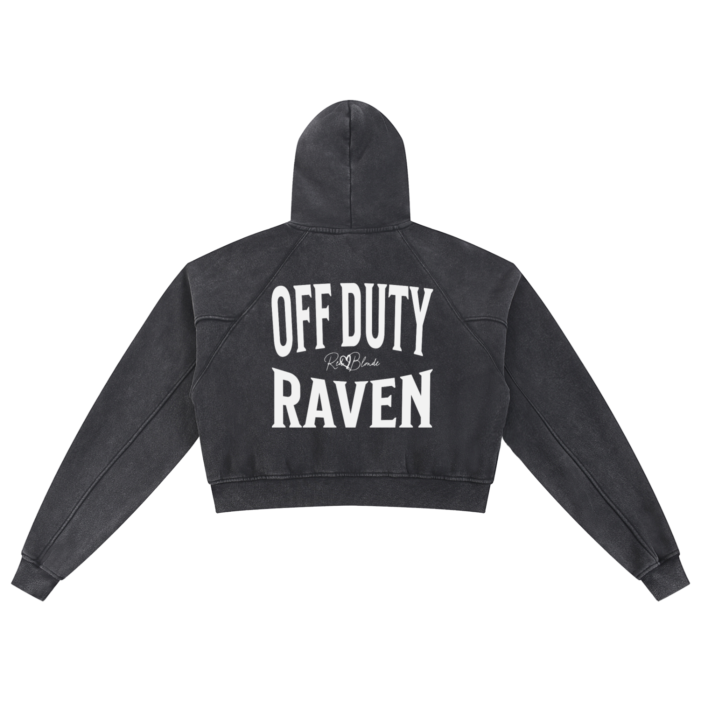 “Back view of a black cropped hoodie with a hood and long sleeves, featuring large white ‘OFF DUTY RAVEN' text and a small RedBlonde logo on the back.”