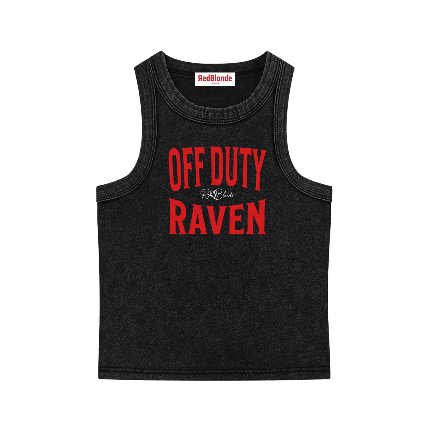 A black sleeveless vintage acid wash tank top laid flat on a white background, with red text on the chest reading “OFF DUTY RAVEN” in bold Brookfield lettering, and a small cursive RedBlonde signature logo between the words. 