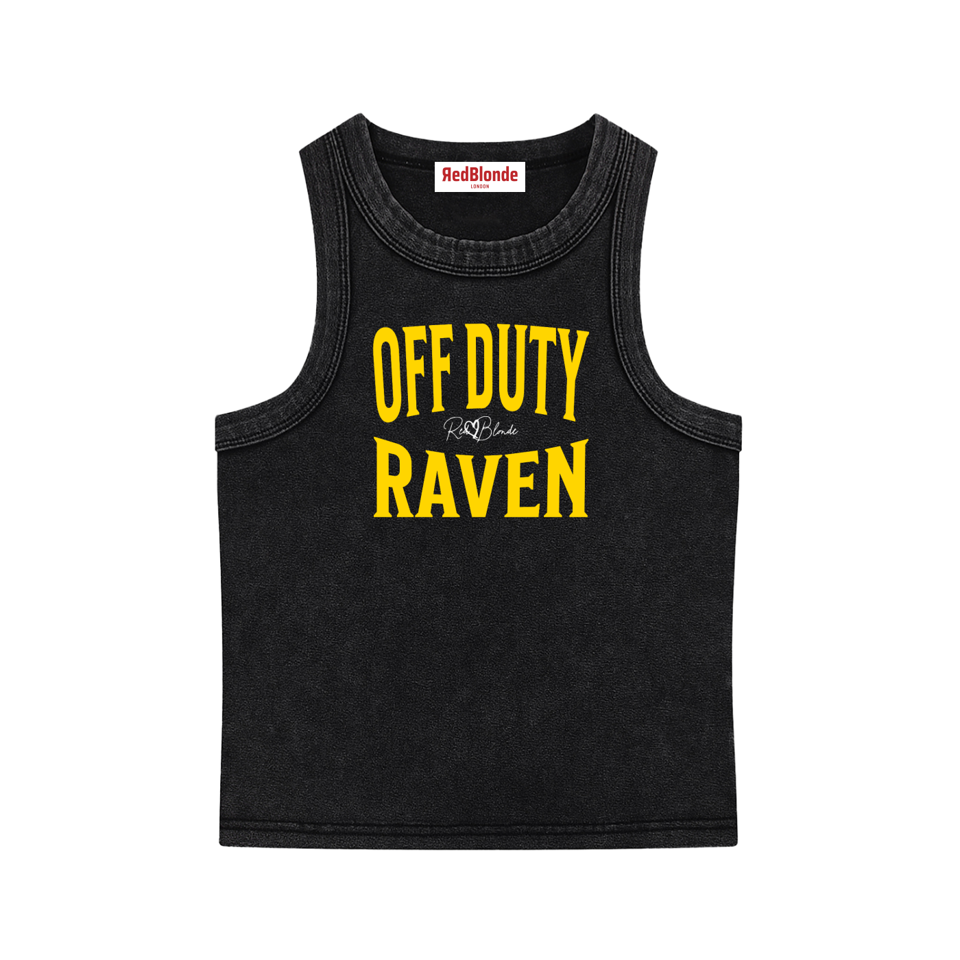 A black sleeveless vintage acid wash tank top laid flat on a white background, with yellow text on the chest reading “OFF DUTY RAVEN” in bold Brookfield lettering, and a small cursive RedBlonde signature logo between the words. 