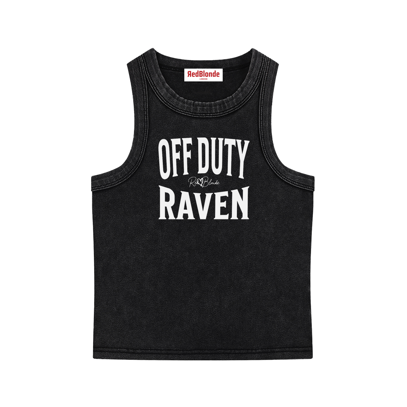 A black sleeveless vintage acid wash tank top laid flat on a white background, with Black text on the chest reading “OFF DUTY RAVEN” in bold Brookfield lettering, and a small cursive RedBlonde signature logo between the words. 