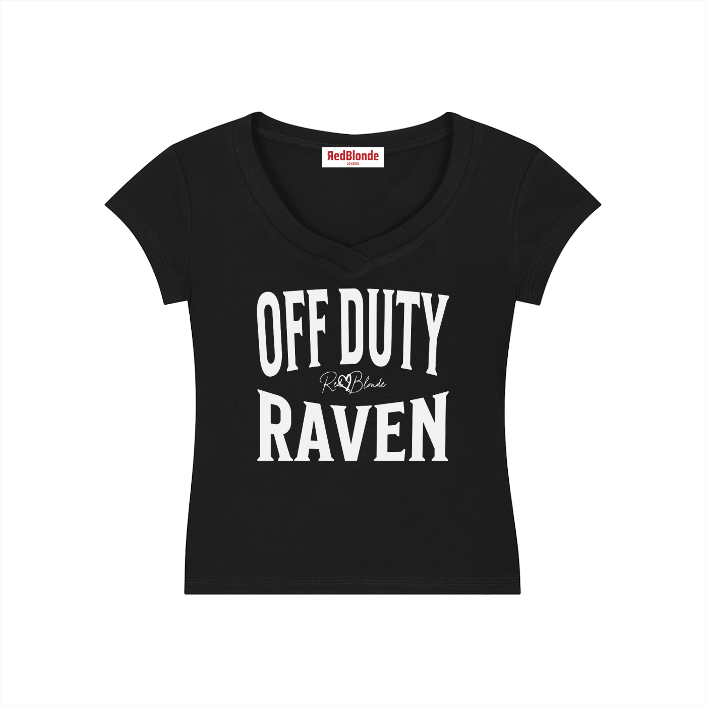 black fitted V-neck T-shirt with black ‘OFF DUTY RAVEN’ Brookfield text front print, RedBlonde logo detail, and RedBlonde neck label