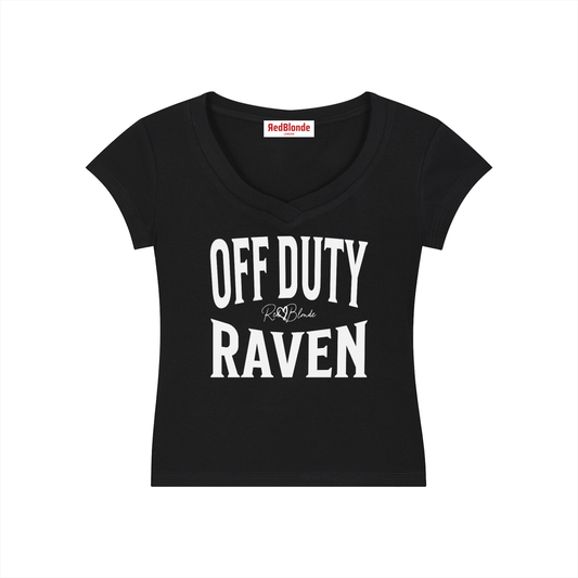 black fitted V-neck T-shirt with black ‘OFF DUTY RAVEN’ Brookfield text front print, RedBlonde logo detail, and RedBlonde neck label