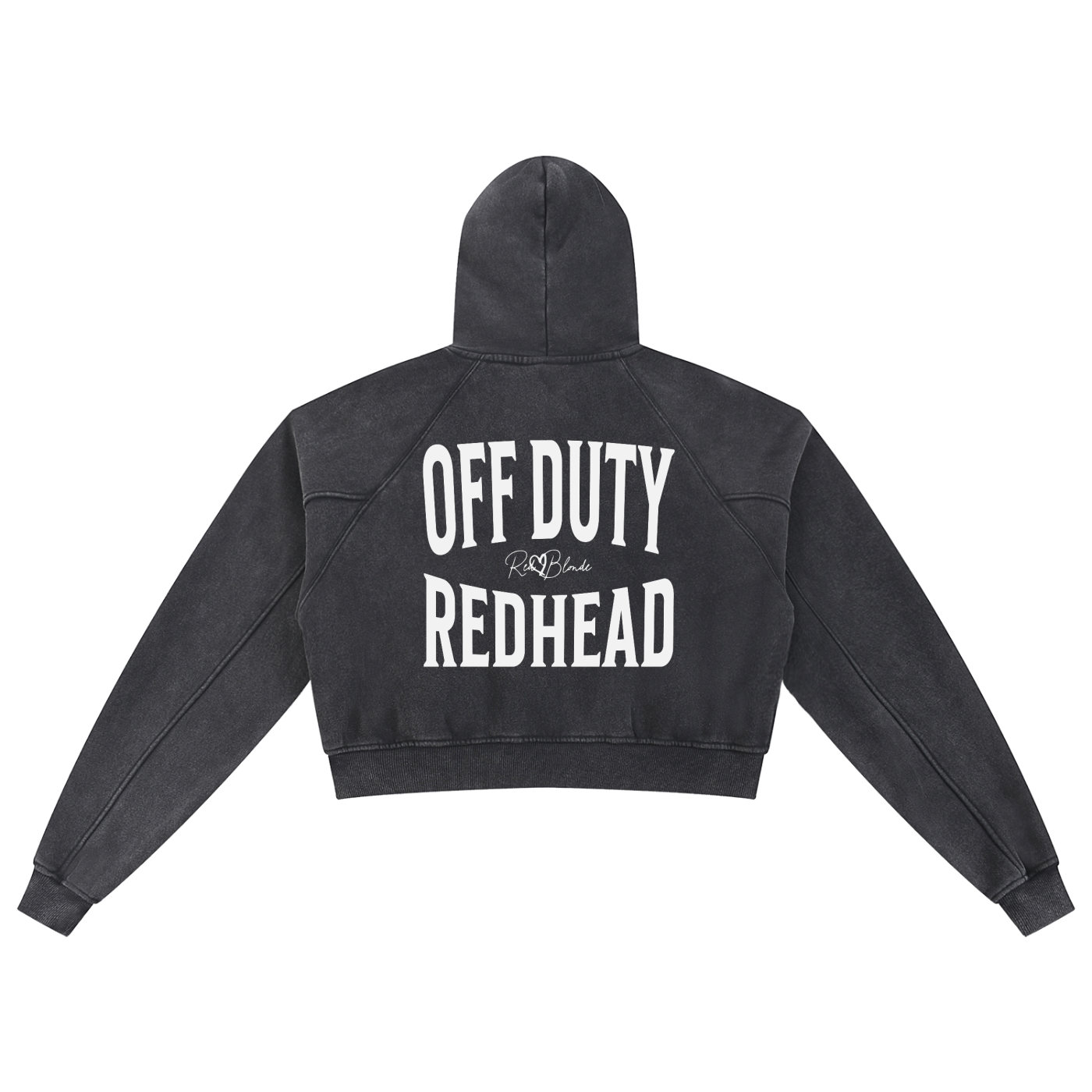“Back view of a black cropped hoodie with a hood and long sleeves, featuring large white ‘OFF DUTY REDHEAD' text and a small RedBlonde logo on the back.”