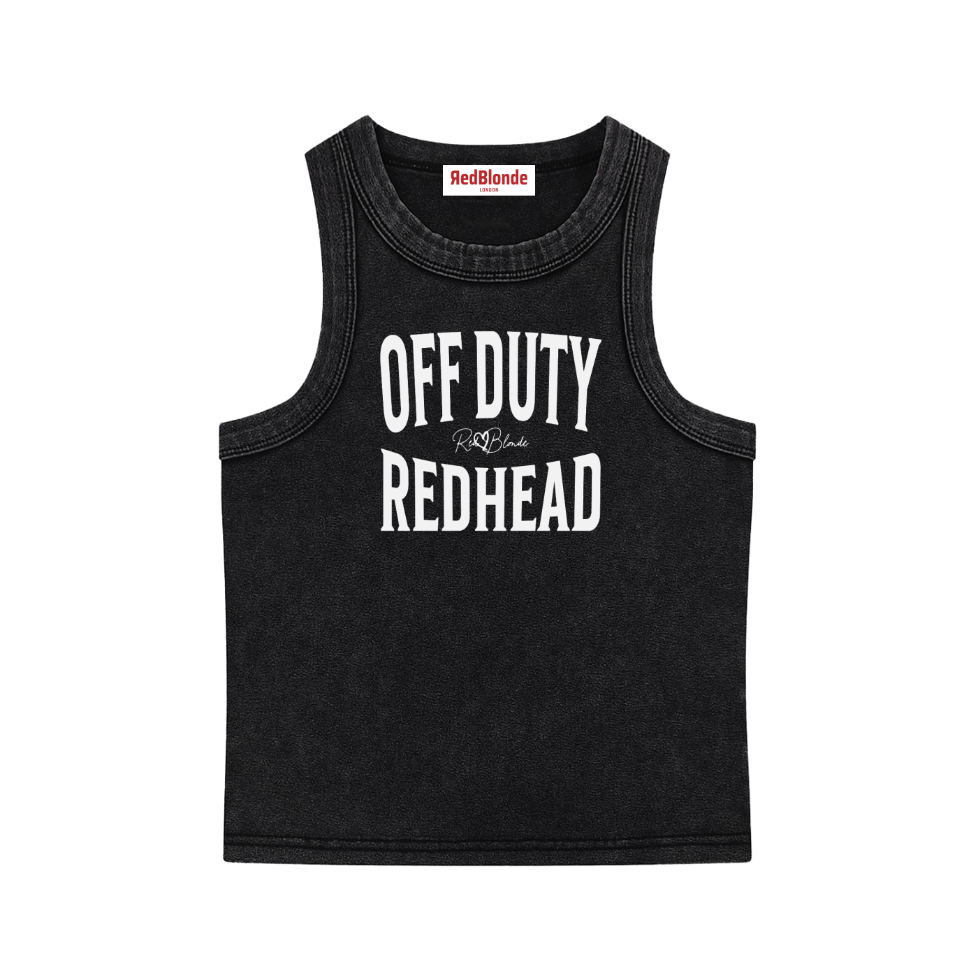 A black sleeveless vintage acid wash tank top laid flat on a white background, with white text on the chest reading “OFF DUTY REDHEAD” in bold Brookfield lettering, and a small cursive RedBlonde signature logo between the words. 