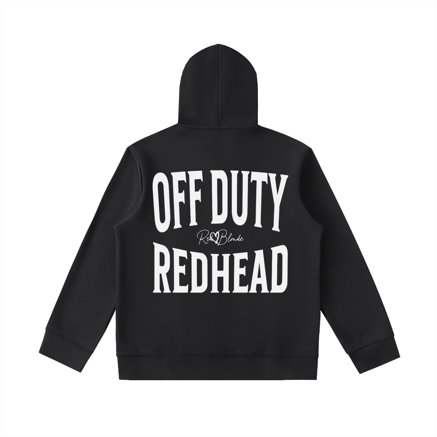 black oversized hoodie shown from the back on a white background, featuring large black “OFF DUTY REDHEAD” Brookfield text with a small RedBlonde script logo between the words.