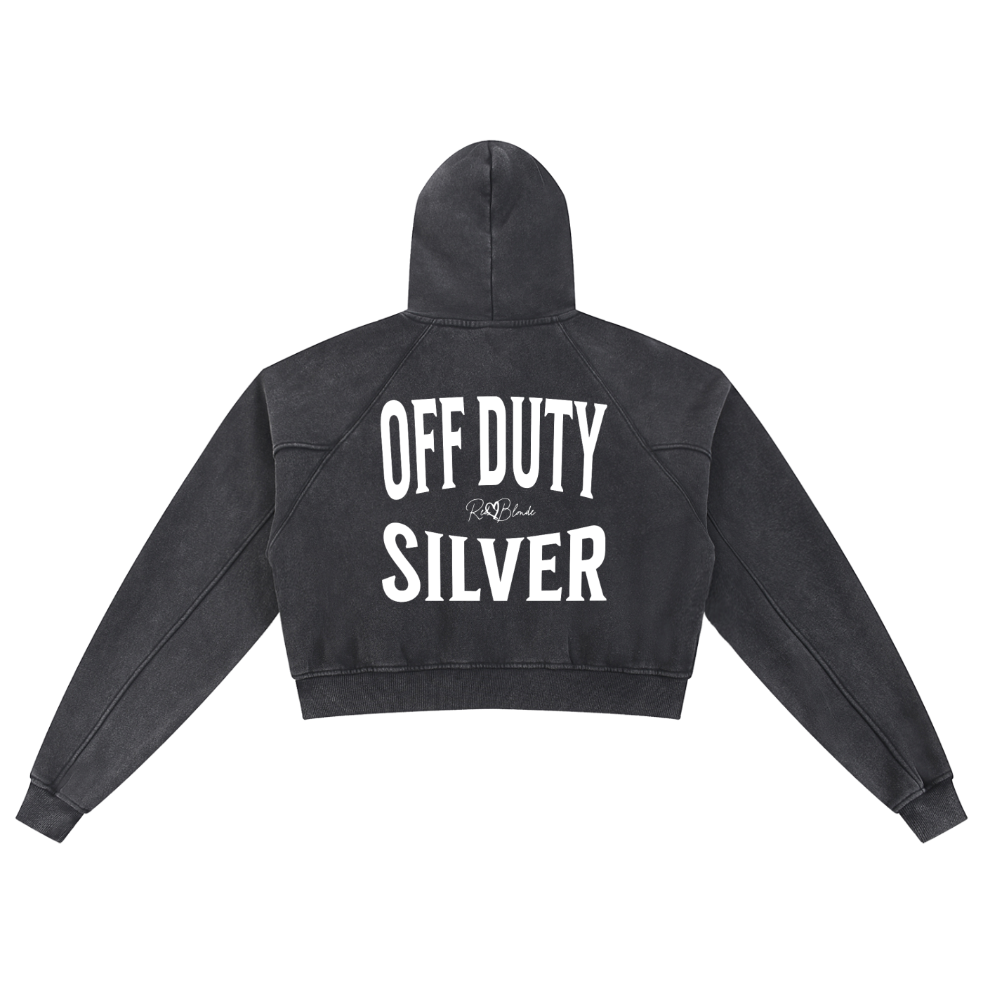 “Back view of a black cropped hoodie with a hood and long sleeves, featuring large white‘OFF DUTY SILVER' text and a small RedBlonde logo on the back.”